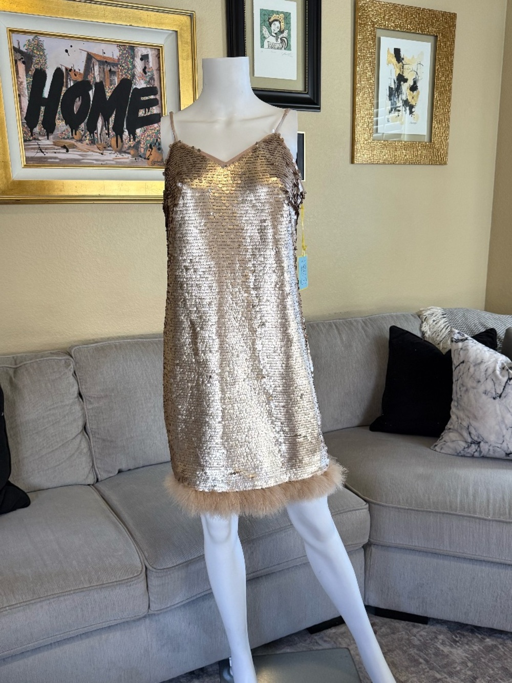 CeCe Blush Gold Sequined Feather Trim Slip Dress NWT